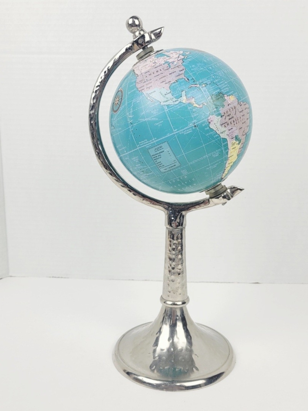 Desk Top World Globe 5"~Hammered Aluminum Base 12.5” Tall~ Government India 2008